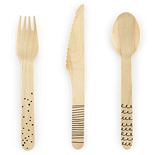 Holzbesteck mit Schwarzem Aufdruck 18 Elemente 16cm Einwegbesteck Umweltfreundlich Abbaubare von DekoHaus