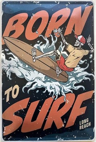 DekoNo7 Blechschild 30 x 20 cm - Born to Surf Long Beach - Vintage Schild von DekoNo7