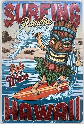 DekoNo7 Blechschild 30 x 20 cm - Surfing Paradise Hawaii - Ride The Wave - Vintage Schild von DekoNo7