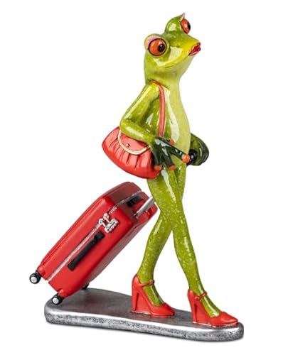 DekoNo7 Frosch Froschlady auf Reise mit Koffer 19 cm aus Kunststein gefertigt, handbemalt und mit glänzender Oberfläche veredelt von DekoNo7