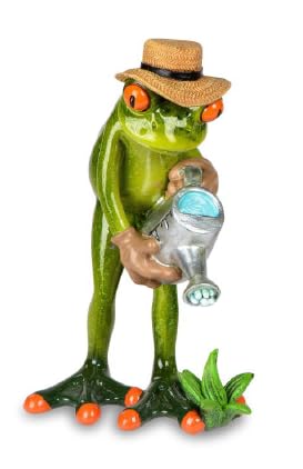 DekoNo7 Gärtner Frosch mit Gießkanne 16 cm aus Kunststein gefertigt, handbemalt und mit glänzender Oberfläche veredelt von DekoNo7