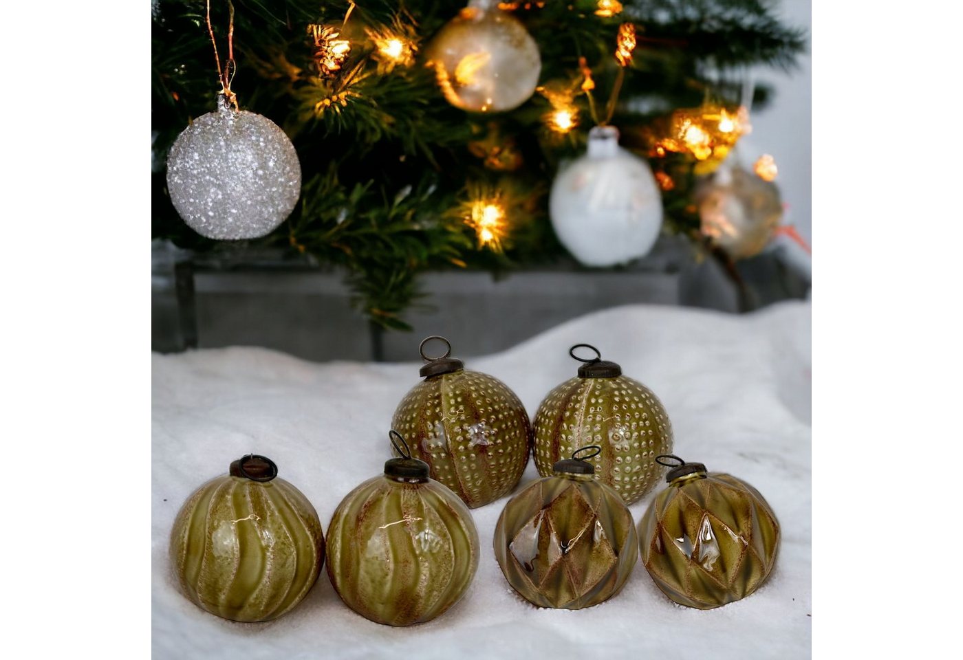 DekoTown Weihnachtsbaumkugel Retro Keramik Kugel Weihnachtsbaum Schmuck Grünbraun Ø10cm, 6 St. von DekoTown