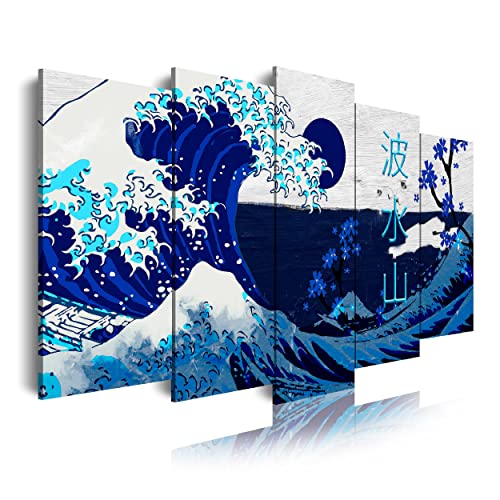 DekoArte 538 - Modernes Bild, digitalisierter Kunstdruck | Dekoratives Bild für den Salon oder das Schlafzimer | Abstrakter Stil Kunst Die groβe Welle von Kanagawa Blau | 5 Teile 150 x 80 cm von DekoArte