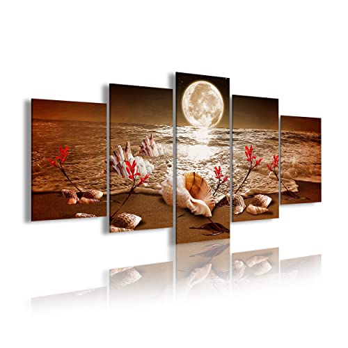 DekoArte 440 - Modernes Bild, digitalisierter Kunstdruck | Dekoratives Bild für den Salon oder das Schlafzimer |Stil Landschaft Nacht Mondschein am Strand rote Blumen | 5 Teile 200x100cm XXL von DekoArte