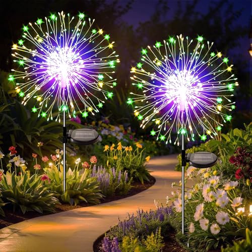 Dekofun Solarlampen für Außen 2 Stück 150 LED Solarleuchten Garten, 8 Modi Pusteblume Gartenstecker Winterfest Solar Feuerwerk Gartenbeleuchtung für Weg Balkon Blumenkasten Terrasse Deko - Mehrfarbig von Dekofun