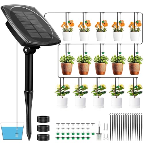 Dekofun Solar Bewässerungssystem, Automatische Bewässerung für Pflanzen im Urlaub, Gießsystem Balkon mit Anti-Siphon, 15m Schlauch, 12 Timer, Tröpfchenbewässerung für Außen Garten Gewächshaus Hochbeet von Dekofun