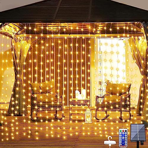 Dekofun Solar Lichtervorhang Aussen 300 LED 3 x 3m Solar Lichterkette Vorhang mit Fernbedienung, 8 Modi Und Timer, Wasserdicht Solar Lichterketten für Pavillon Terrassen Garten Außen Deko von Dekofun