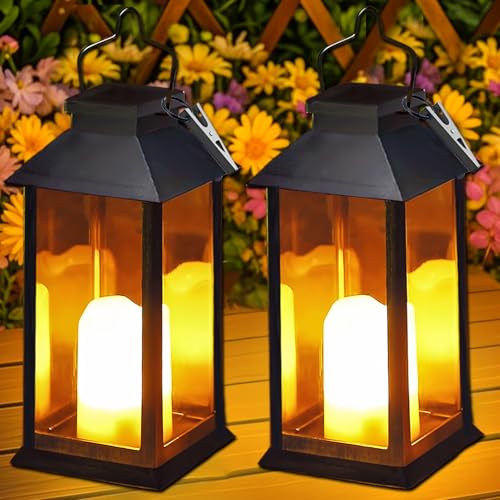 Dekofun Solarlampen für Außen Hängend 2 Stück Solar Laternen für Draußen Wetterfest mit Flacker Effekt Kerzen, IP44 Wasserdicht Solar Leuchten Gartendeko für Draußen Terrasse Balkon Geschenke von Dekofun