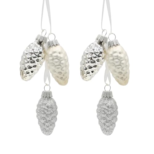 2 Stück Edler Lauschaer Christbaumschmuck - Krebs Glas Lauscha - Christbaumschmuck Glaszapfen 2er Set mit 3 Tannenzapfen in Silber mit Textilband 6cm, Glanz, matt, glitzernd. von Dekohelden24
