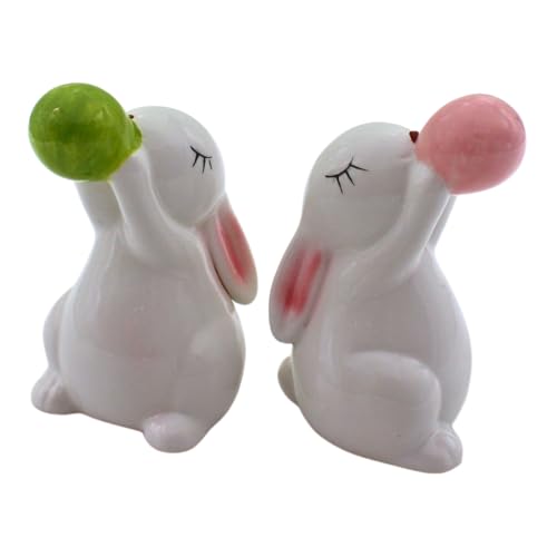 2er Set Moderne Dekohasen, Osterhasen, Osterdeko Hasenpaar, Osterhasen glänzend aus Keramik in weiß, mit Kaugummiblase, Lieferumfang 2 Dekohasen, Maße eines Hasen: L/B/H 6 x 6 x 12 cm. von Dekohelden24