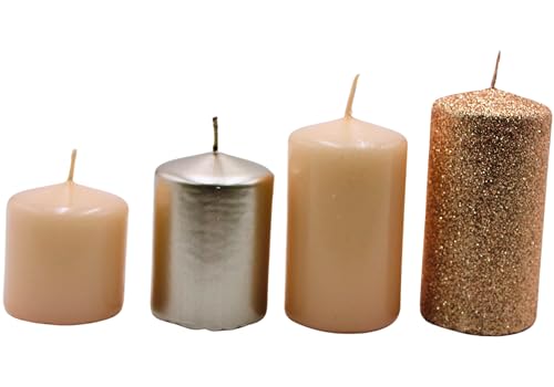 Adventskerzen, Stumpenkerzen, Adventskranzkerzen,Tischkerzen, Tafelkerze in Beige-Cappuccino und Bronze-Glitter, Lieferumfang 4 Stück, gestuft von L/B/H 5 x 5 x 5 cm bis L/B/H 5 x 5 x 9 cm . von Dekohelden24
