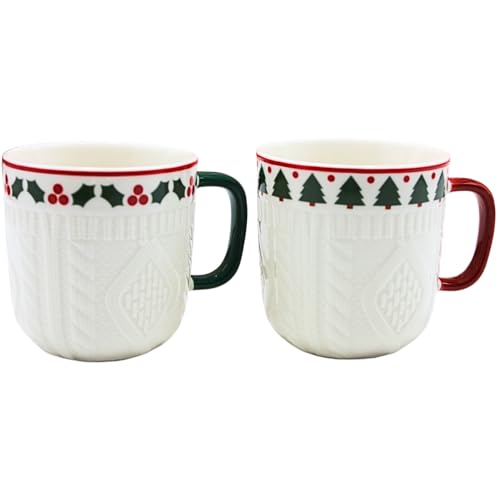 Becherset, Kaffeebecher, Glühweinbecher, Trinkbecher mit 3D Strickmotiv in weiß und kleinen Tannenbäumen im 2er Set aus Porzellan, Größe: L/B/H ca. 12 x 9 x 9 cm, Fassungsvermögen 345ml pro Tasse. Becherset, Kaffeebecher, Glühweinbecher, Trinkbecher mit 3D Strickmotiv in weiß und kleinen Tannenbäumen im 2er Set aus Porzellan, Größe: L/B/H ca. 12 x 9 x 9 cm, Fassungsvermögen 345ml pro Tasse. von Dekohelden24