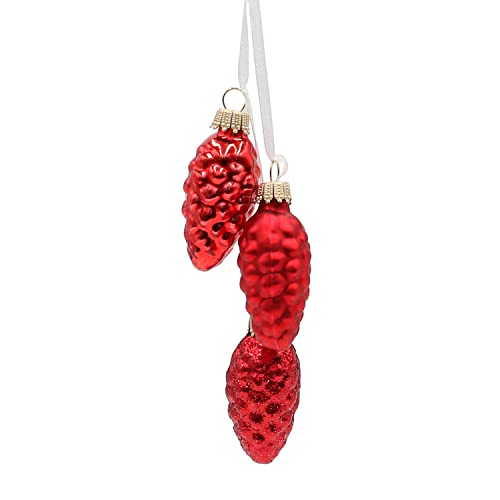 Dekohelden24 ***Lauschaer Christbaumschmuck - 2er Set mit 3 Minitannenzapfen in Rot mit Textilband, Glanz, matt, glitzernd von Dekohelden24