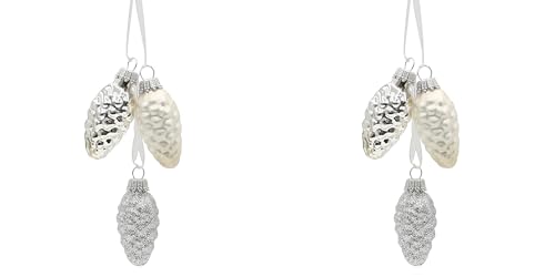 Dekohelden24 2 Stück Edler Lauschaer Christbaumschmuck - Krebs Glas Lauscha - Christbaumschmuck Glaszapfen 2er Set mit 3 Tannenzapfen in Silber mit Textilband 6cm, Glanz, matt, glitzernd. von Dekohelden24