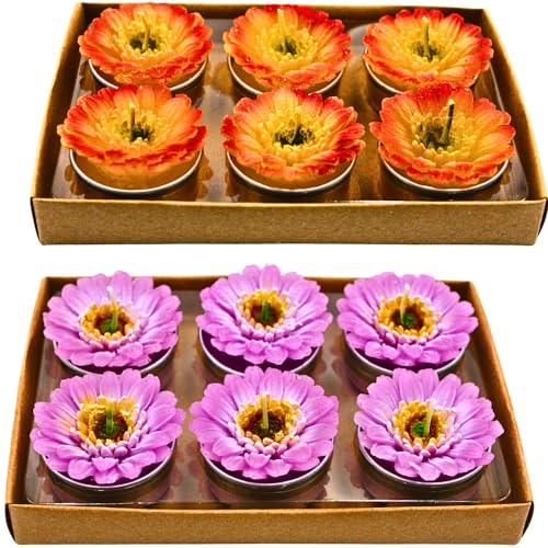 Dekohelden24 12er Set Teelicht in Form Einer Gerbera,Tischkerze, Gerberakerze, Blumenkerze in gelb und lila, Maße je Kerze 4 x 3 x 4 cm von Dekohelden24