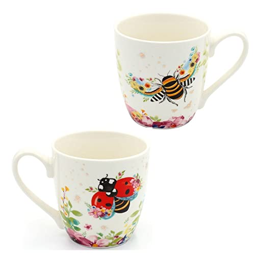 Dekohelden24 2er Set Kaffeebecher Kaffeetasse aus Porzellan - Motiv: Biene und Marienkäfer - Größe H/Ø: 10 x 9 cm, Fassungsvermögen 400ml, spülmaschinengeeignet von Dekohelden24