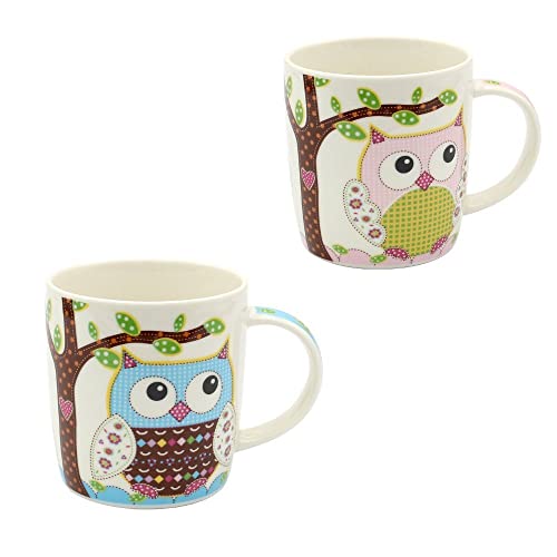 Dekohelden24 2er Set Kaffeebecher Kaffeetasse aus Porzellan - Motiv: Bunte Eulen in blau - pink - Größe H/Ø: 9,5 x 8,5 cm, Fassungsvermögen 350ml, spülmaschinengeeignet von Dekohelden24