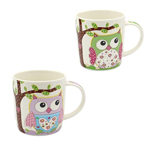 Dekohelden24 2er Set Kaffeebecher Kaffeetasse aus Porzellan - Motiv: Bunte Eulen in grün - lila - Größe H/Ø: 9,5 x 8,5 cm, Fassungsvermögen 350ml, spülmaschinengeeignet von Dekohelden24