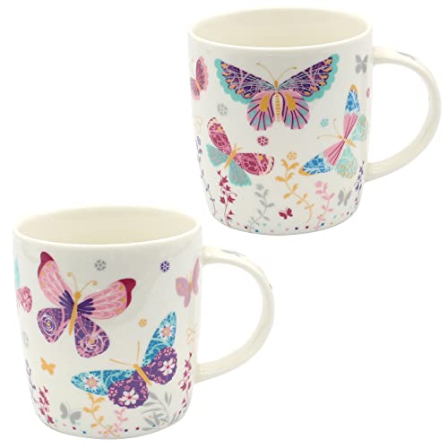 Dekohelden24 2er Set Kaffeebecher Kaffeetasse aus Porzellan - Motiv: Bunte Schmetterlinge - Größe H/Ø: 9 x 8 cm, Fassungsvermögen 270ml, spülmaschinengeeignet von Dekohelden24