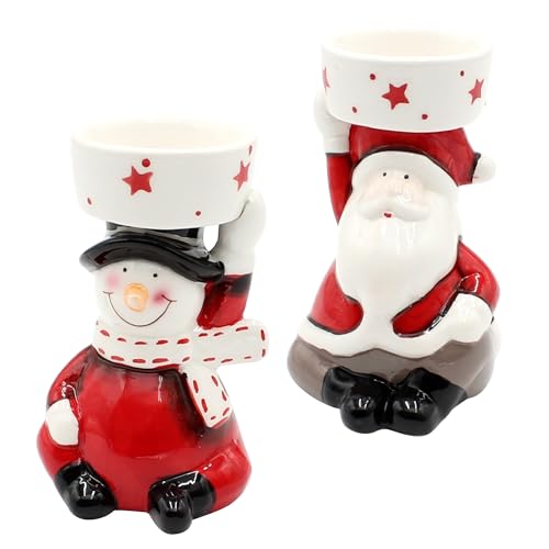 Dekohelden24 2er Set Keramik Teelichthalter - Schneemann & Weihnachtsmann - Maße je Teelichthalter L/B/H 6,5 x 6,5 x 11,5 cm. von Dekohelden24