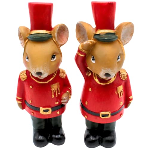 Dekohelden24 2er Set Weihnachtsfigur als Maus mit Uniform, in rot und schwarz, Polyresin, Größe: L/B/H ca. 4 x 3 x 12 cm von Dekohelden24