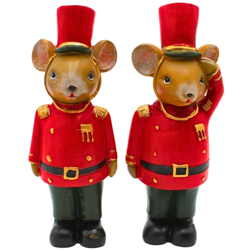 Dekohelden24 2er Set Weihnachtsfigur als Maus mit Uniform, in rot und schwarz, Polyresin, Größe: L/B/H ca. 5 x 6 x 17 cm von Dekohelden24