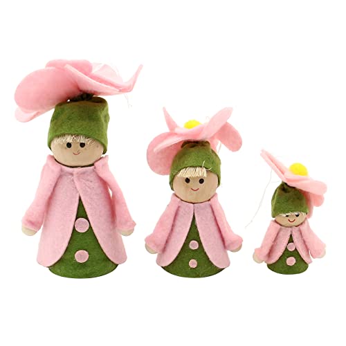 Dekohelden24 3er Set Filz-Püppchen zum Hinstellen oder Aufhängen, mit rosa Kutte und Blumen-Hut, 3 unterschiedliche Größen von 6 bis 12 cm von Dekohelden24
