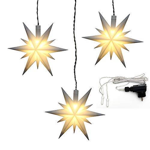 ***3er Set Weihnachtssterne aus Kunststoff in weiß, inkl. LED Beleuchtung und Adapter, für Innen und Außen geeignet. Maße je Stern L/B/H: 13,5 x 5,5 x 12 cm. von Dekohelden24