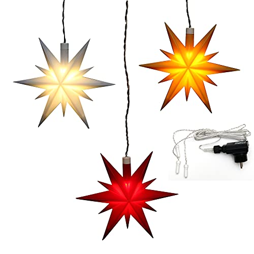 Dekohelden24 3er Set Weihnachtssterne aus Kunststoff in rot, gelb und Weiss, inkl. LED Beleuchtung und Adapter, für Innen und Außen geeignet. Maße je Stern L/B/H: 13,5 x 5,5 x 12 cm. von Dekohelden24