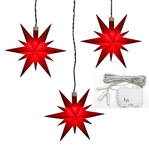 ***3er Set Weihnachtssterne aus Kunststoff in rot, inkl. LED Beleuchtung und 6h Timer, für Batteriebetrieb, für Innen und Außen geeignet. Maße je Stern L/B/H: 13,5 x 5,5 x 12 cm. ***3er Set Weihnachtssterne aus Kunststoff in rot, inkl. LED Beleuchtung und 6h Timer, für Batteriebetrieb, für Innen und Außen geeignet. Maße je Stern L/B/H: 13,5 x 5,5 x 12 cm. von Dekohelden24