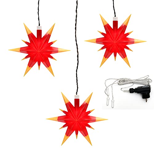 Dekohelden24 3er Set Weihnachtssterne aus Kunststoff in rot/gelb, inkl. LED Beleuchtung und Adapter, für Innen und Außen geeignet. Maße je Stern L/B/H: 13,5 x 5,5 x 12 cm. von Dekohelden24