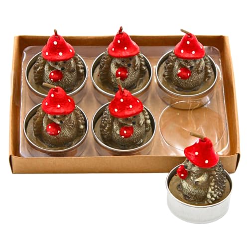 6er Set Teelicht Kerzen als Igel mit Pilzhut und Pilz - Igelkerzen, Figurenkerzen, Teelichtkerzen Maße je Teelicht H/Ø ca. 6 x 3,5 cm von Dekohelden24