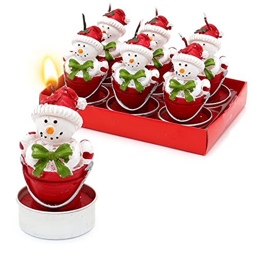 Dekohelden24 6er Set Teelicht Schneemann im Eimer, Maße je Teelicht L/B/H: 4 x 4 x 7 cm. von Dekohelden24