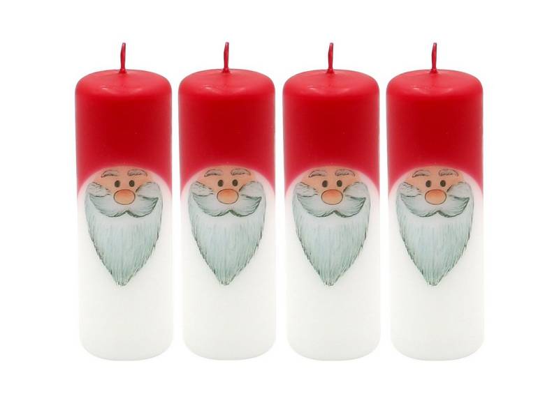 Dekohelden24 Adventskerze 1 Packung mit 4 Adventskerzen in weiß - rot, als Wichtel, H/Ø: 12 x 4 (1 Stück, 1-tlg), Stumpenkerze von Dekohelden24