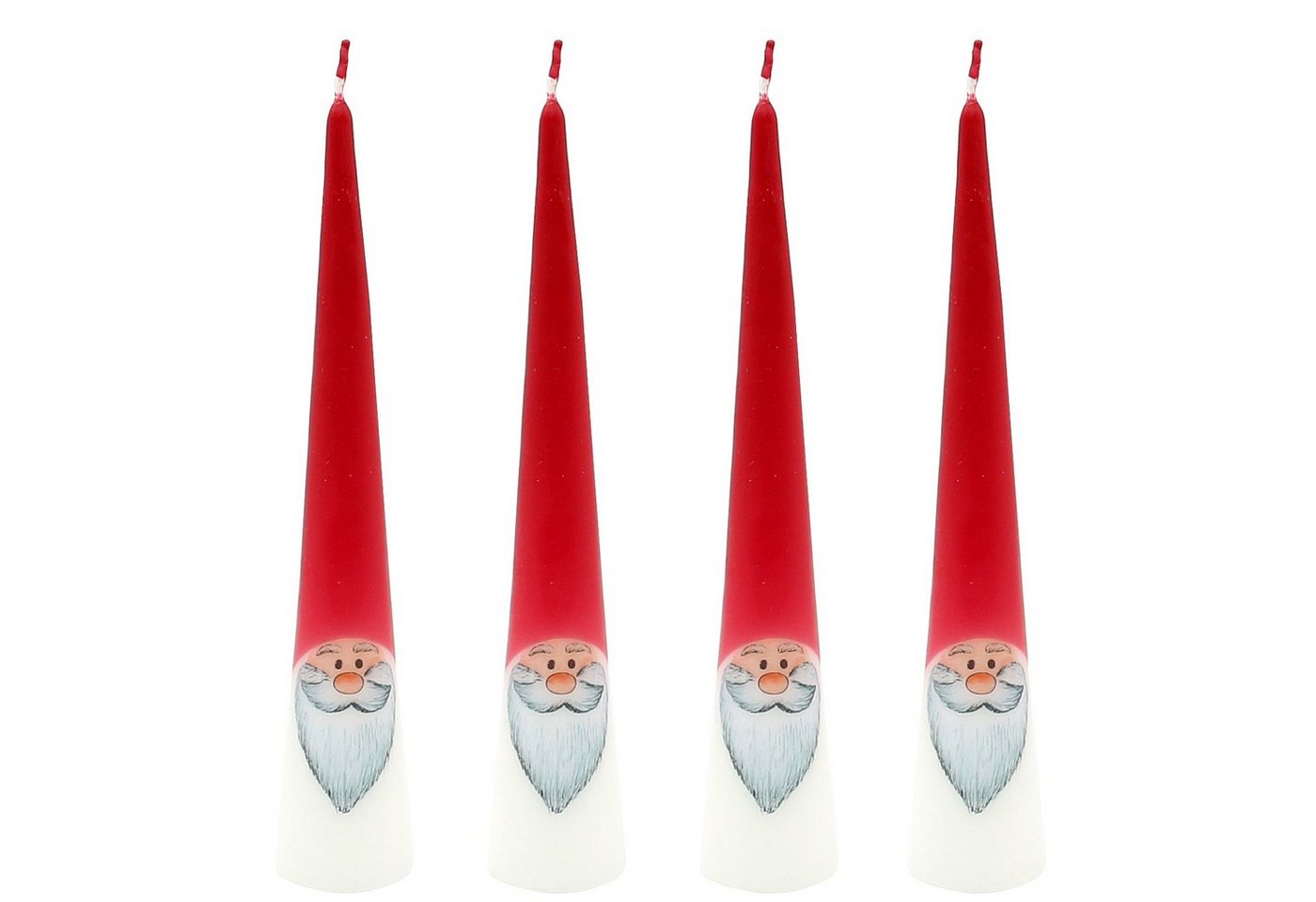 Dekohelden24 Adventskerze 1 Packung mit 4 Adventskerzen in weiß - rot, als Wichtel, H/Ø: 25 x (1 Stück, 1-tlg), Adventskerze von Dekohelden24