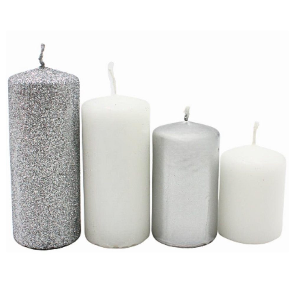 Dekohelden24 Adventskerze Gestufte Stumpenkerzen, Adventskerzen, Adventskranzkerzen, in Silber, 4 verschiedenen Farben und Größen - H 5 -10 cm, Ø je 4 cm, 280 gr von Dekohelden24