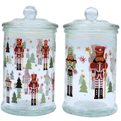 Dekohelden24 Aromadose, Frischhaltedose, Glasbehälter mit Weihnachtsmotiv, Keksdose mit Nussknacker Motiv aus Glas, H/Ø: 19 x 10 cm, Fassungsvermögen 600ml pro Glas, Lieferumfang 2 Vorratsgläser. von Dekohelden24