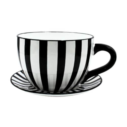 Dekohelden24 Blumentopf, Pflanztasse, Pflanzkübel, Pflanzgefäß, Blumenkübel, Pflanztopf. Übertopf als Tasse mit Griff aus Keramik, Motiv: Schwarz-Weiß-Gestreift, L/B/H 25 x 23 x14 cm. von Dekohelden24