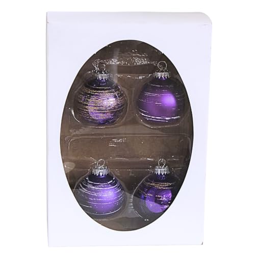 Dekohelden24 Christbaumschmuck - 4er Set Kugeln, Christbaumkugeln, Glaskugeln, Edle Weihnachtsbaumkugeln mit Glitterdekor in lila Glanz u matt, 5 cm, mit silbernen Krönchen. von Dekohelden24