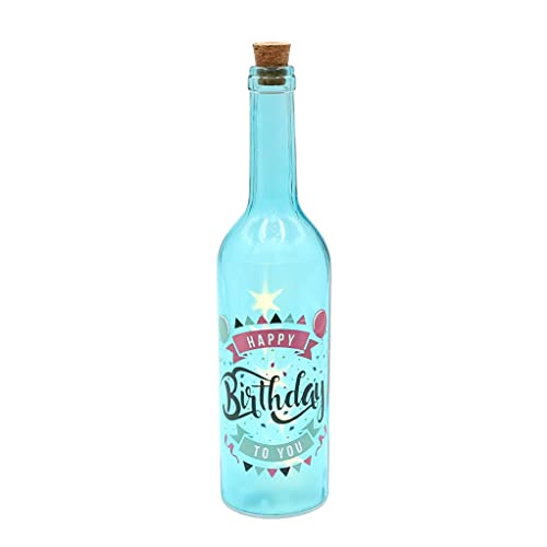 Deko-Glasflasche/Lichterflasche Happy birthday mit 5 LEDs in blau, L/B/H 7 x 7 x 29 cm. von Dekohelden24