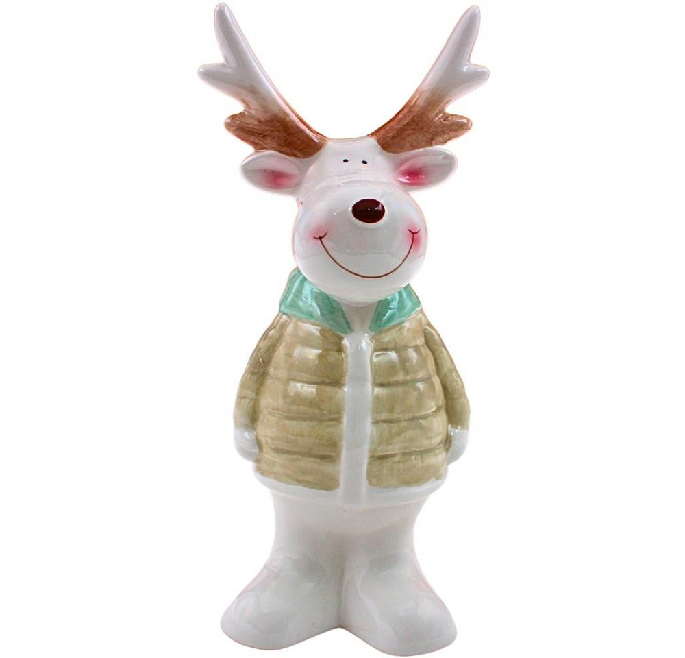 Dekohelden24 Dekofigur Hirsche&Rentiere in verschiedenen Designs, XL-Größe, mit Daunenjacke, Keramik-Figur von Dekohelden24