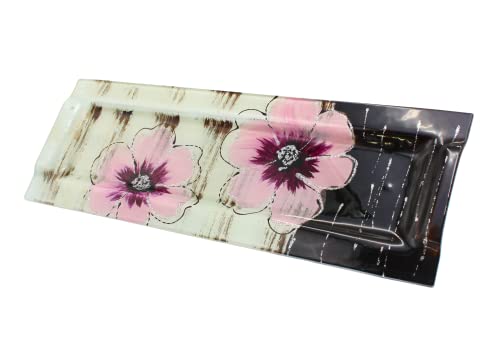 Dekohelden24 Dekoplatte/Schale/Servierplatte aus Glas mit rosa Blumen-Dekor, Rechteck, Handarbeit, Maße: L/B/H ca. 40 x 13 x 0,5 cm von Dekohelden24