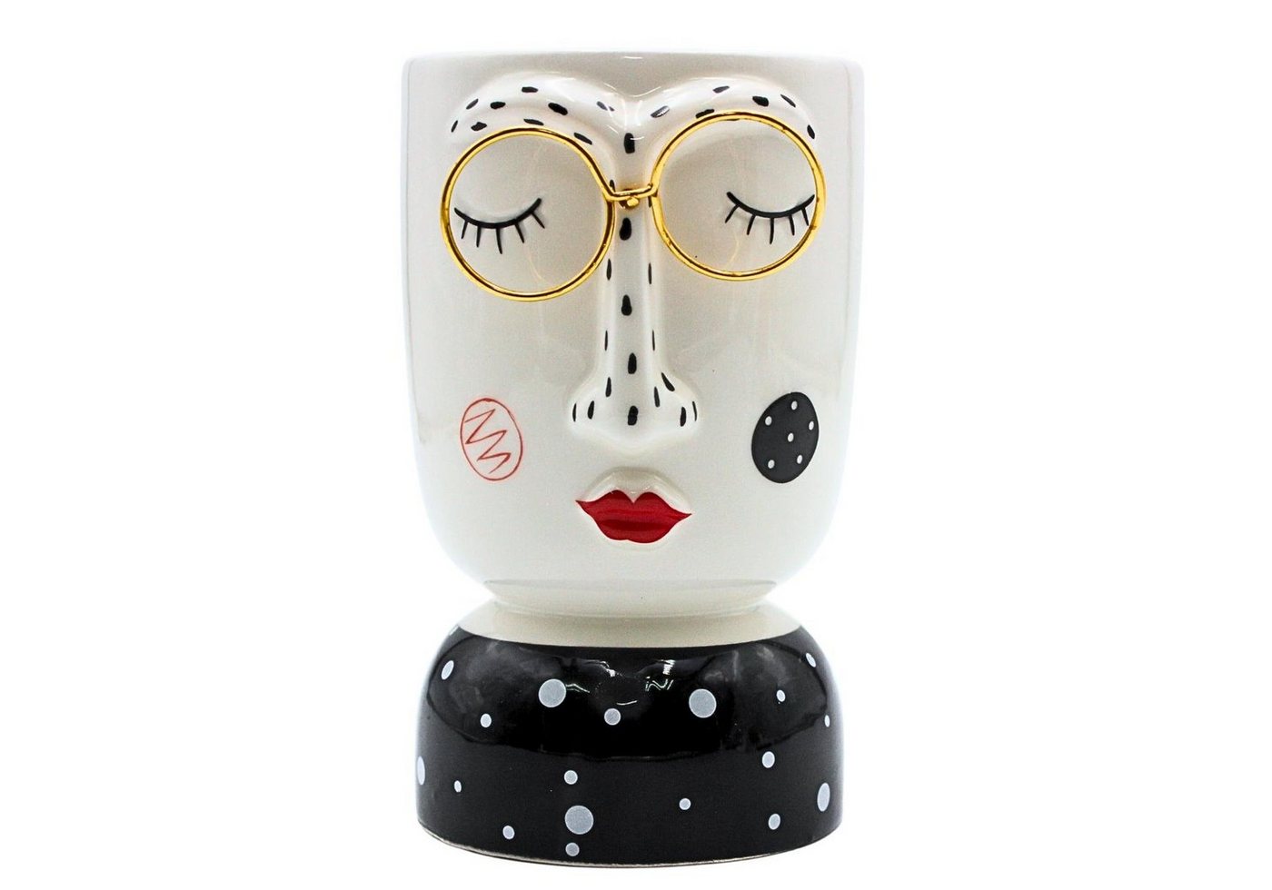 Dekohelden24 Dekovase Keramik Vase mit Gesicht und goldener Brille, Blumenvase, schwarz-weiß (1 Vase, 1 St) von Dekohelden24
