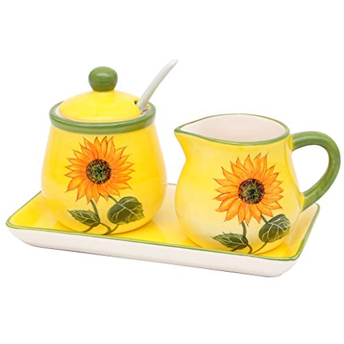 Dekohelden24 Dolomite Zuckerdose mit Löffel, Milchkännchen und Platte als 3er Set, Motiv: Sonnenblume in gelb/grün, Größe ca. 19 x 10,5 cm. von Dekohelden24