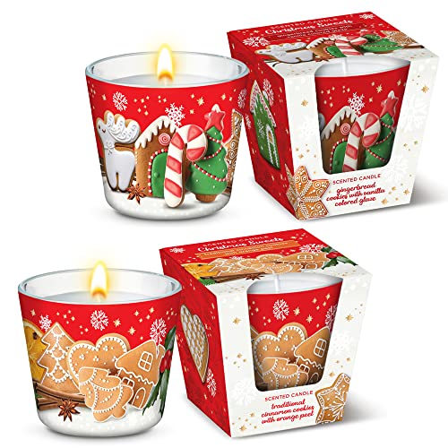 Dekohelden24 Duftkerze-Windlicht-Kerze im Glas - 2 Fach Sortiert-Duftrichtung Cinnamon Cookies und Gingerbread, L-B-H 8 x x cm, je Kerze 115g, UF-Christmas-Sweets-2er, Rot-weiß von Dekohelden24