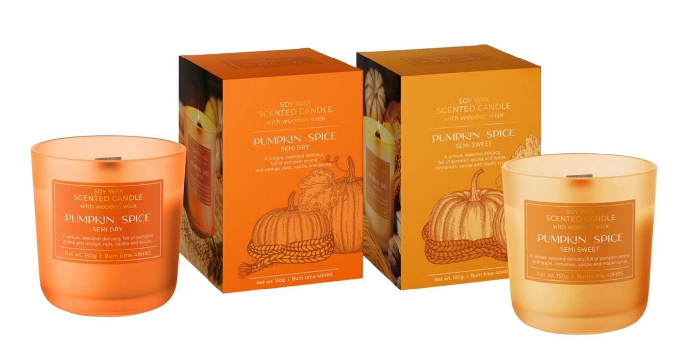 Dekohelden24 Duftkerze Pumpkin Spice Duftkerze im Glas - 2er Set, 150g, Kürbisduft von Dekohelden24