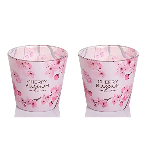 Dekohelden24 Duftkerze/Windlicht/Kerze im Glas - 2 Fach Sortiert/Duftrichtung Cherry Blossom Sakura und Cherry Blossom Sakura pink Blush, L/B/H 8 x 8 x 8 cm, 115g von Dekohelden24