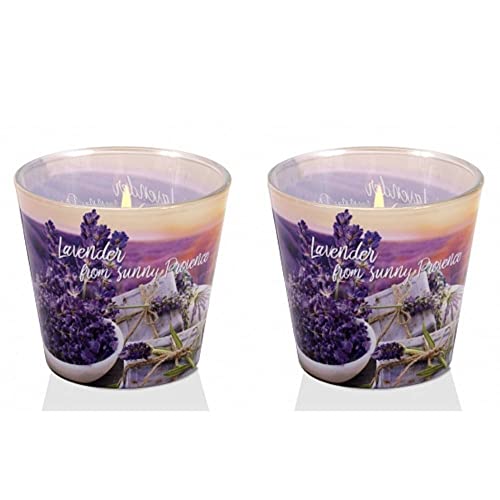 Dekohelden24 Duftkerze - Windlicht - Kerze im Glas - als 2er Set - Duftrichtung Lavender Fields und Lavender Soap, L/B/H 8 x 8 x 8 cm, 115g je Kerze, UF-Lavender-fields-2er von Dekohelden24