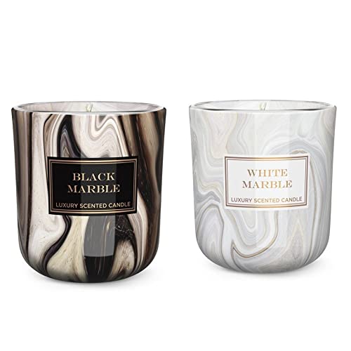 Dekohelden24 Duftkerze/Windlicht/Kerze im Glas - 2 Fach Sortiert/Duftrichtung White Marble und Black Marble, L/B/H 8,5 x 8 x 8,5 cm, 150g von Dekohelden24