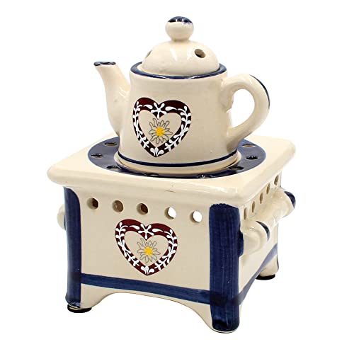 Dekohelden24 Duftlampe als Herd mit Kanne und Herz, blau/Aromalampe/Duftlicht/Duftstövchen, L/B/H: ca. 12 x 12 x 17 cm von Dekohelden24